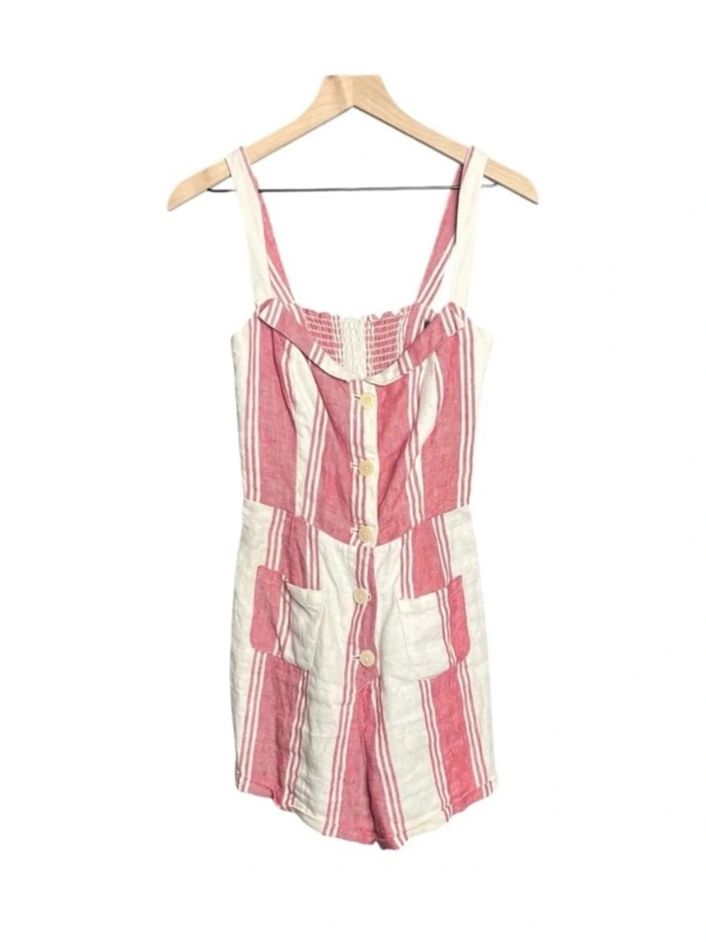 Reformation Linen Coconut Romper Size 6 Cuba Stripe Resort Button Front Pocket